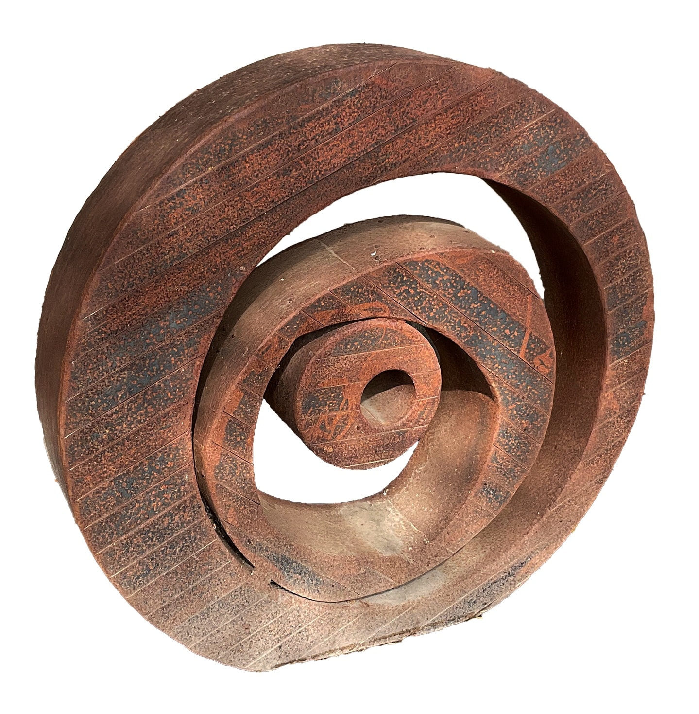 Rusted corten steel spiral sculpture with concentric ridged rings winding inward to a central hole, mid-century modern design