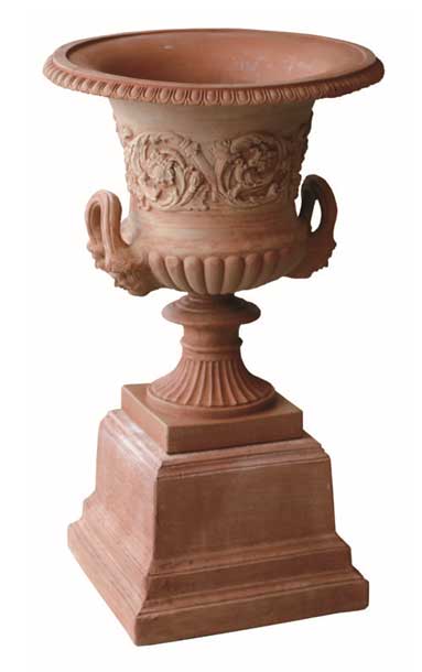 Italian Terracotta Decorative Urn with Handles on Pedestal