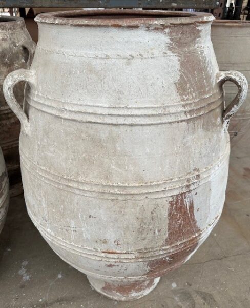 vintage Greek Pithari oil jar with a white wash finish and natural patina