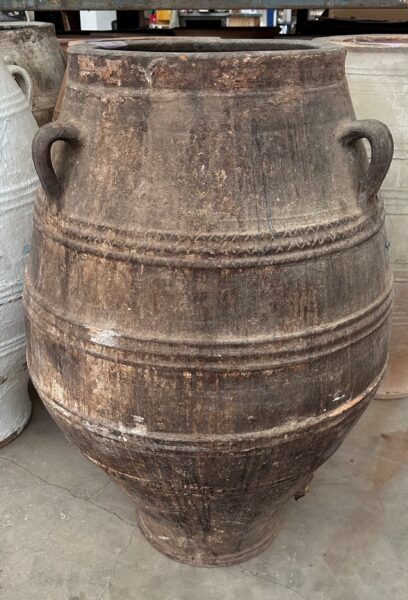 vintage Greek Pithari oil jar with a dark natural patina