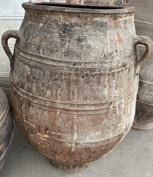 vintage Greek Pithari oil jar with a dark natural patina