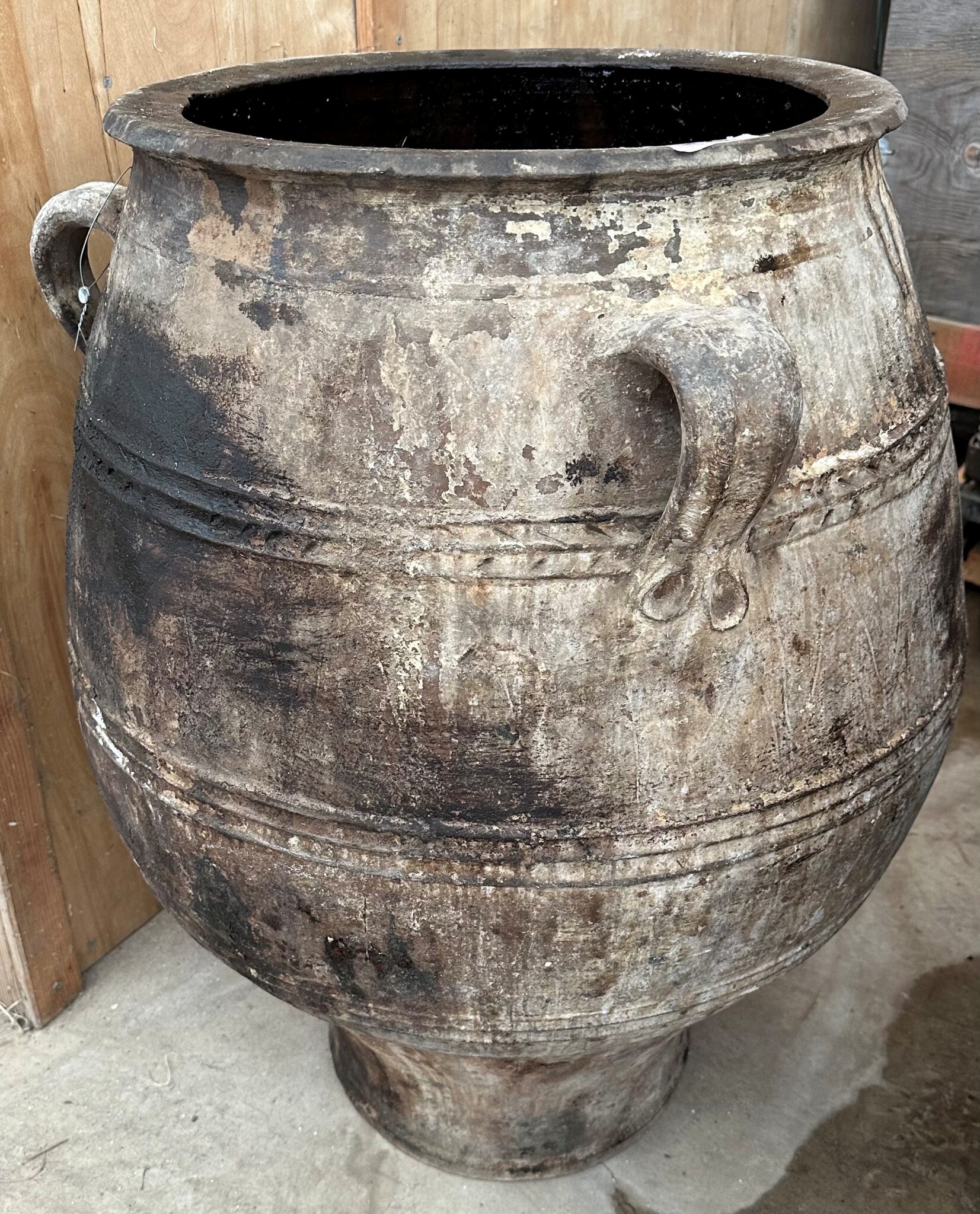 vintage Greek Pithari oil jar with a dark natural patina