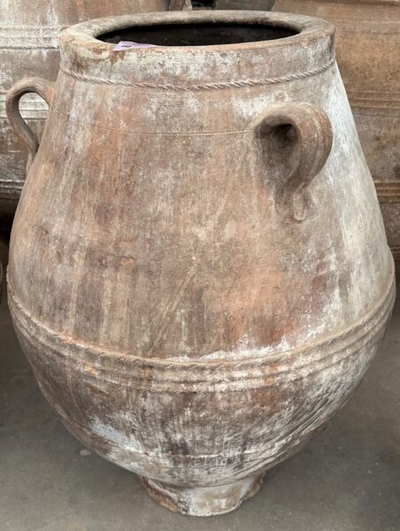 vintage Greek Pithari oil jar with a white wash finish and natural patina