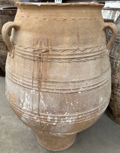 vintage Greek Pithari oil jar with a white wash finish and natural patina
