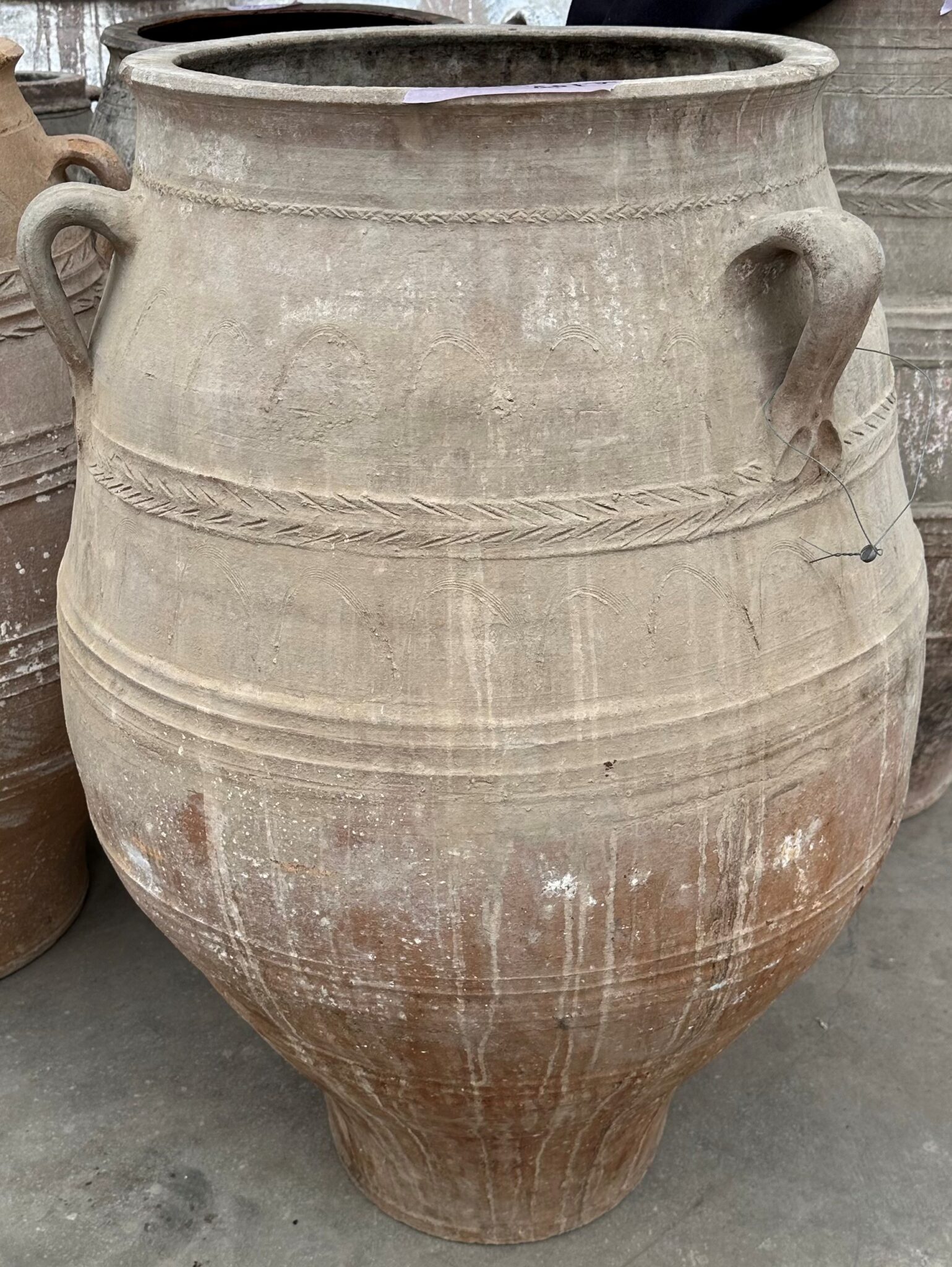 vintage Greek Pithari oil jar with a light natural patina