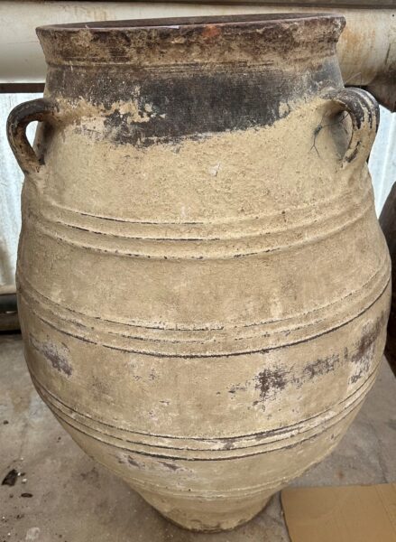 vintage Greek Pithari oil jar with a light natural patina and dark rim