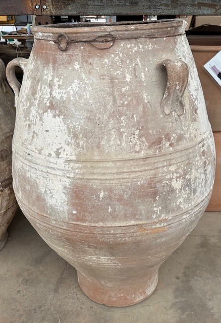 vintage Greek Pithari oil jar with a white wash finish and natural patina