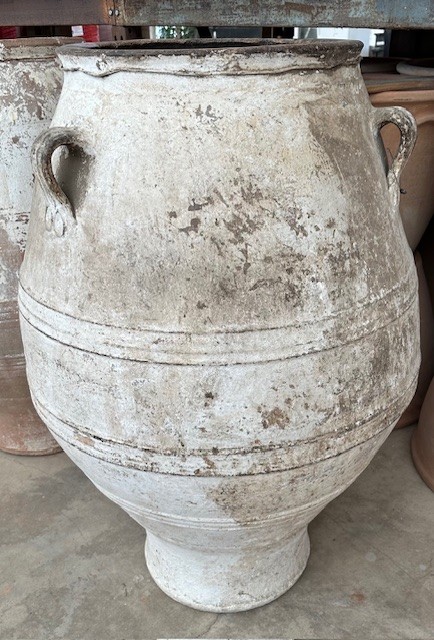 vintage Greek Pithari oil jar with a white wash finish and natural patina