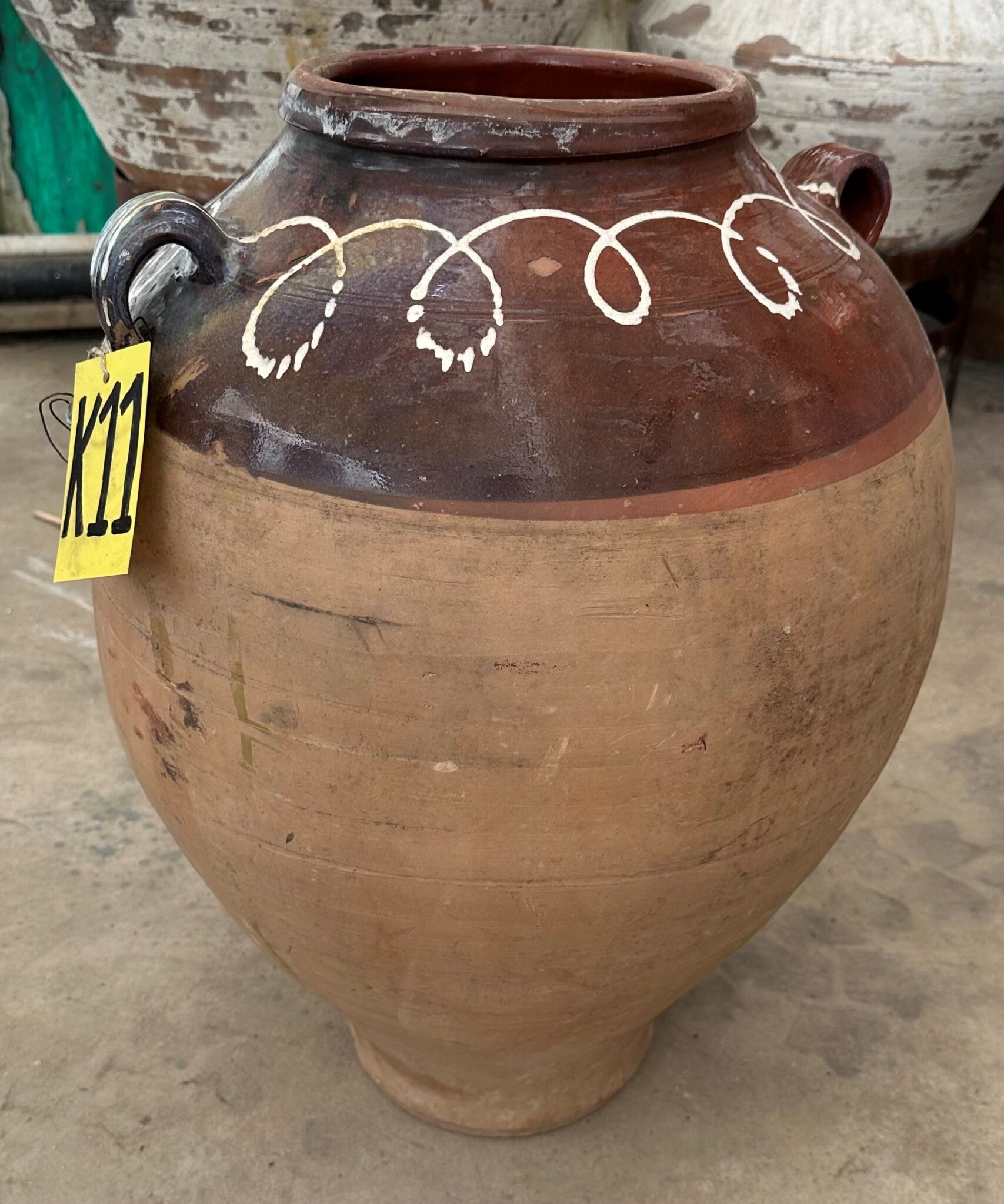 vintage Greek Athens jar with a natural patina with decorative glazed neck