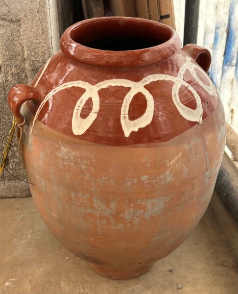 vintage Greek Athens jar with a natural patina with decorative glazed neck