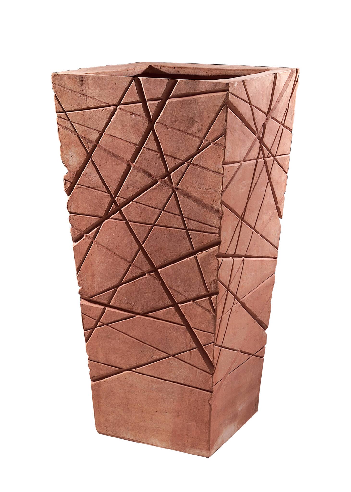 Tall Italian Terracotta Planter with Linear Geometric Design