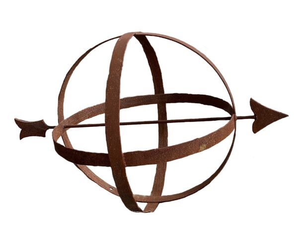 Rusted steel sphere sculpture with intersecting circular bands pierced through by an arrow