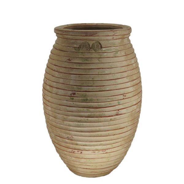 Olive-shaped Biot jar with striated finish and antique patina