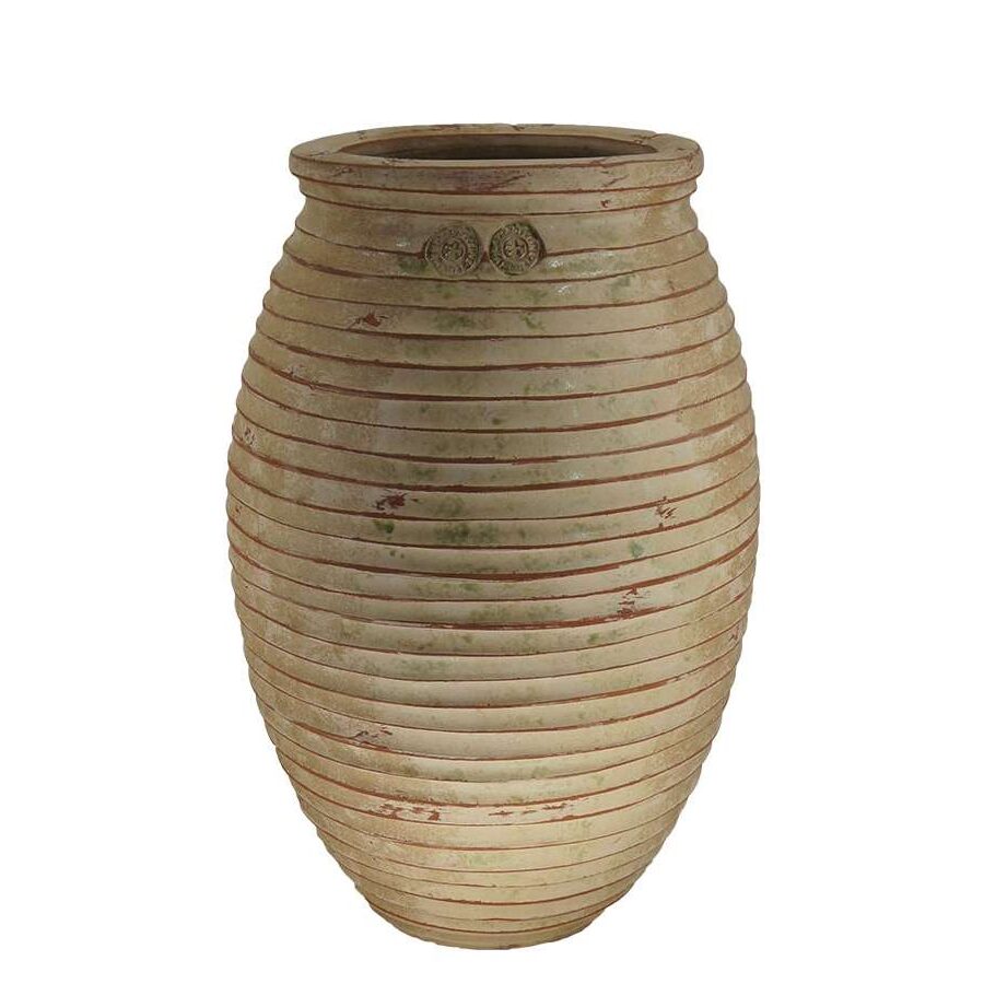 Olive-shaped Biot jar with striated finish and antique patina