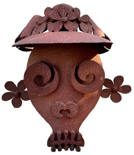 abstract skull with a bonnet and stylized flowers for ears