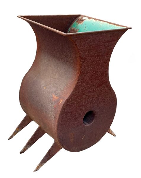 Sculptural up-cycled metal planter with an hourglass-curved body, a flared square top opening, a round side cutout, and multiple pointed feet