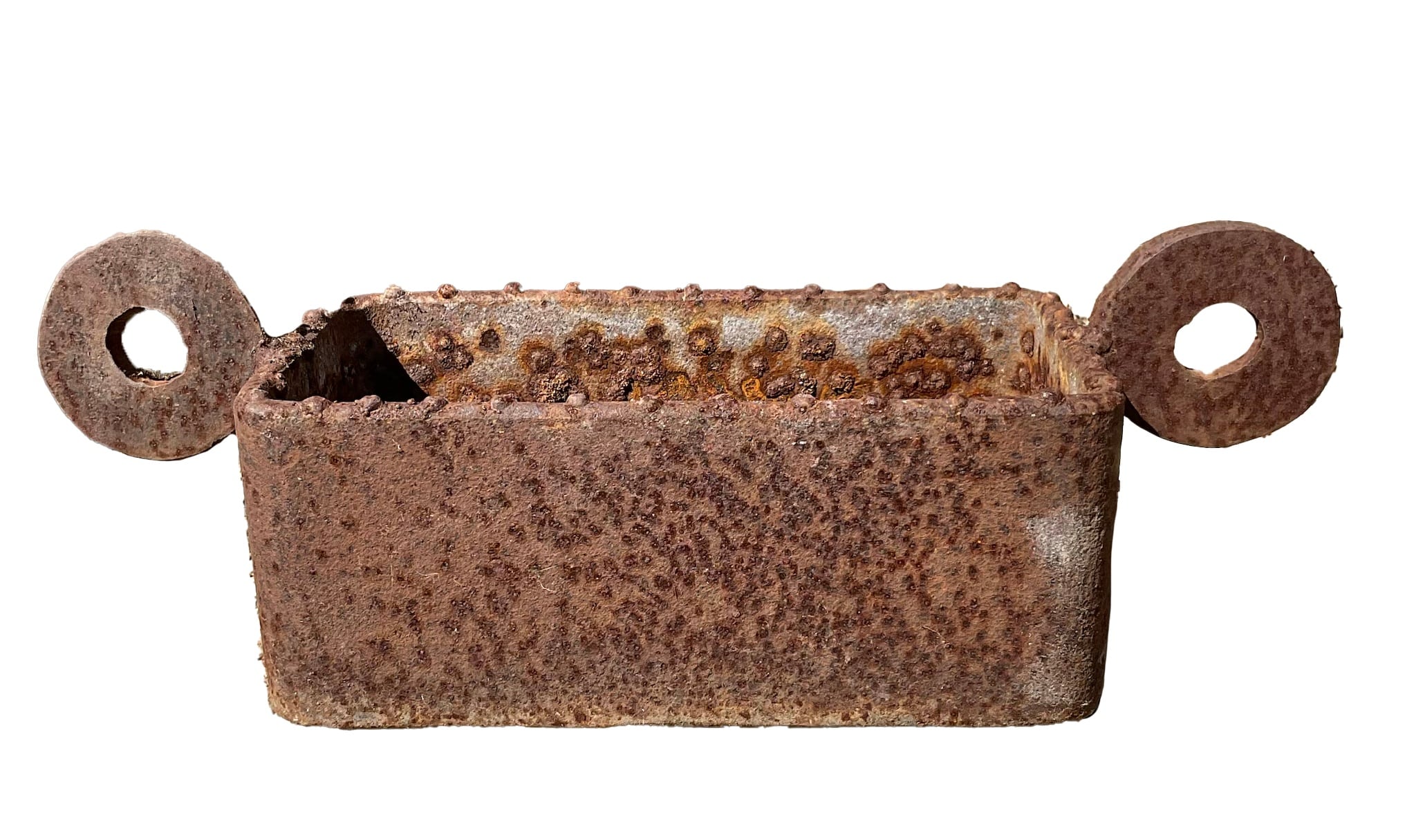 Small rectangular up-cycled metal planter with round loop handles, rust patina, and a riveted top rim