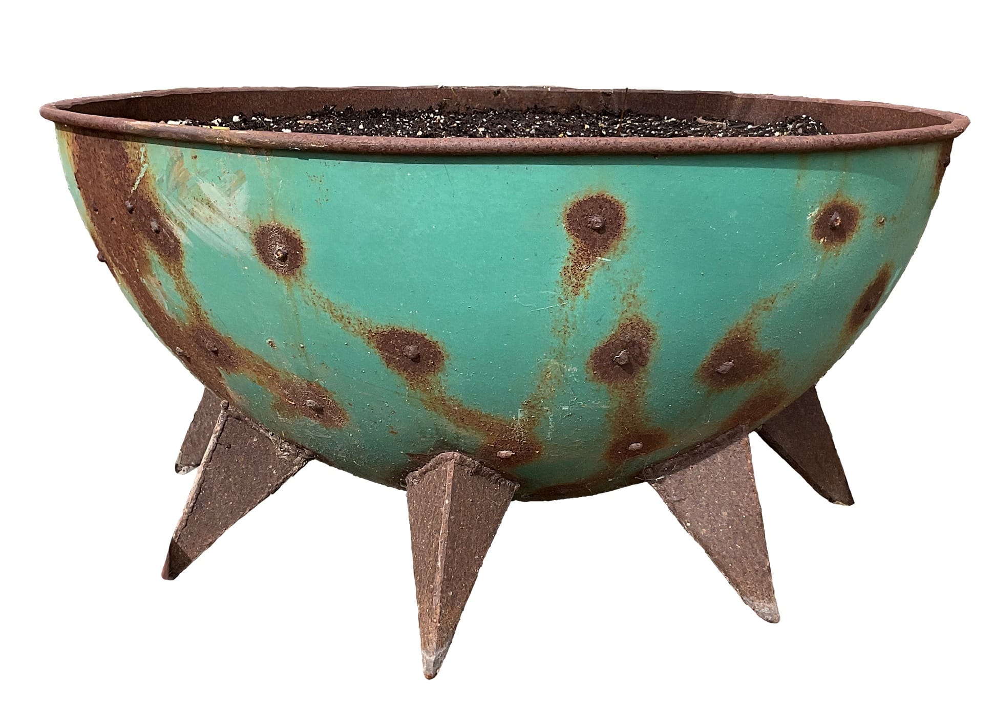 Round bowl-shaped rusted steel planter with teal-green patina, rusty spots, and angular pointed feet