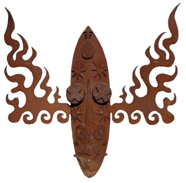 abstract mask from with styled flame like shapes radiating from the sides