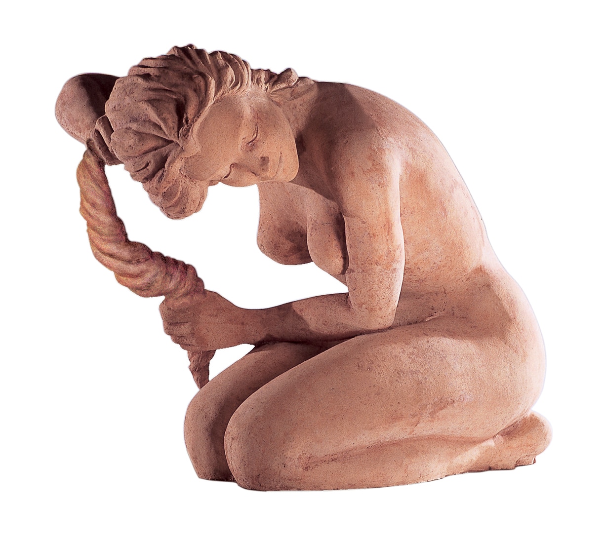 terracotta sculpture of a woman washing her hair