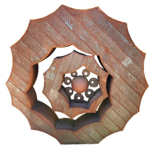 Tiered rusted steel sculpture with scalloped, star-edged concentric rings nesting inward to a center cluster of small discs and a sphere