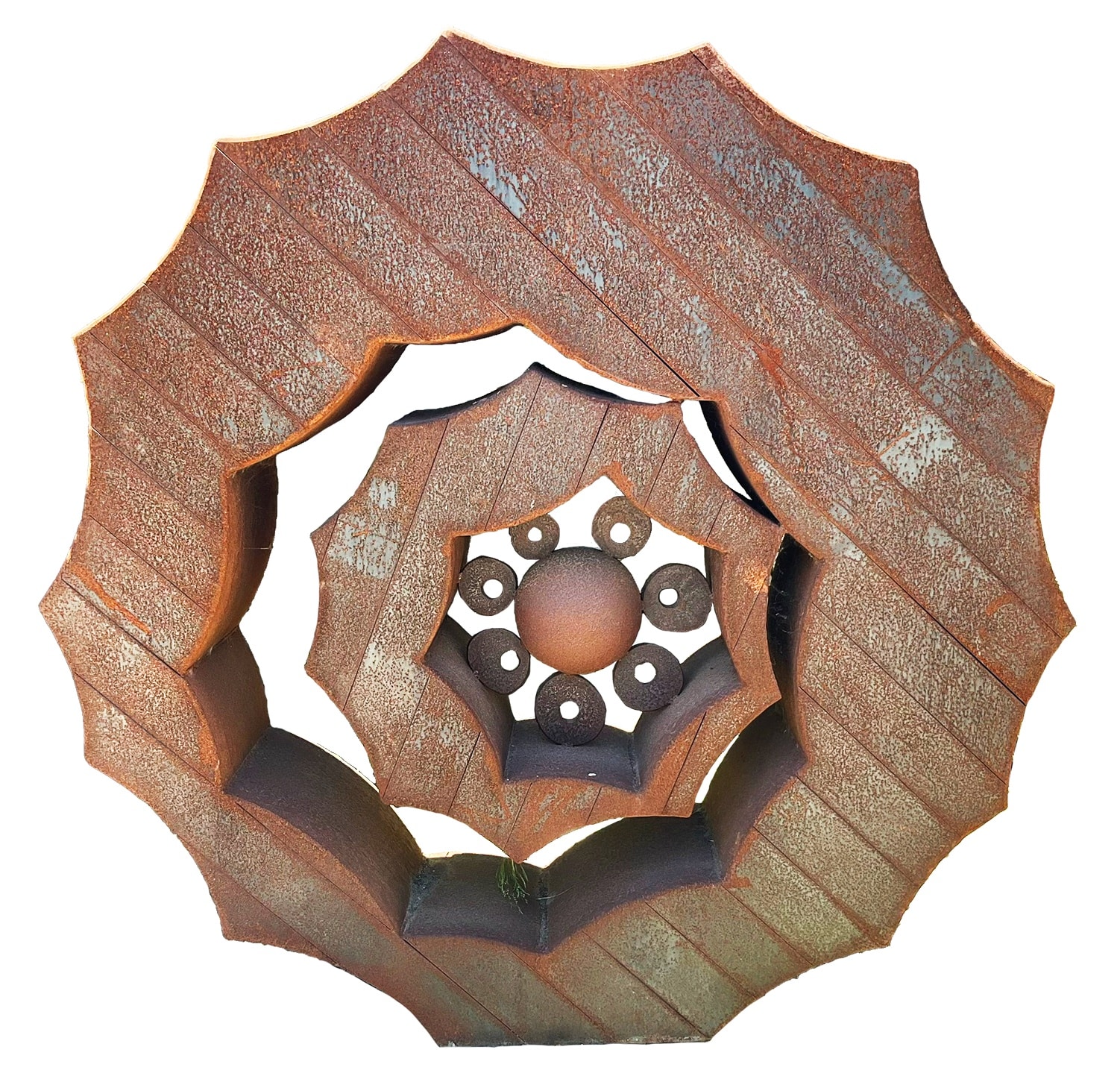 Tiered rusted steel sculpture with scalloped, star-edged concentric rings nesting inward to a center cluster of small discs and a sphere