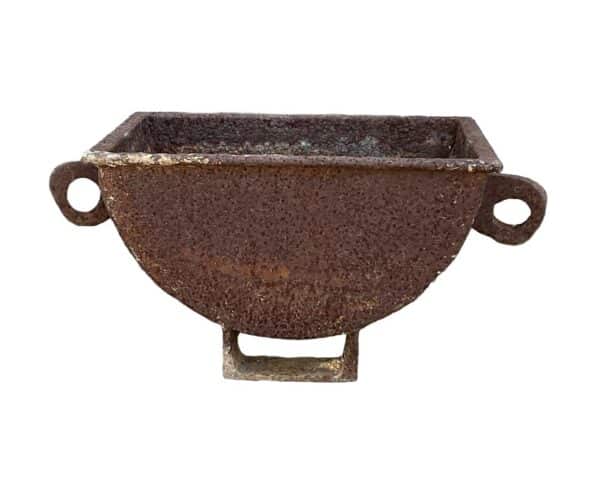 Small half-circle up-cycled metal planter with a square top opening, round loop handles on each side, and a single center foot