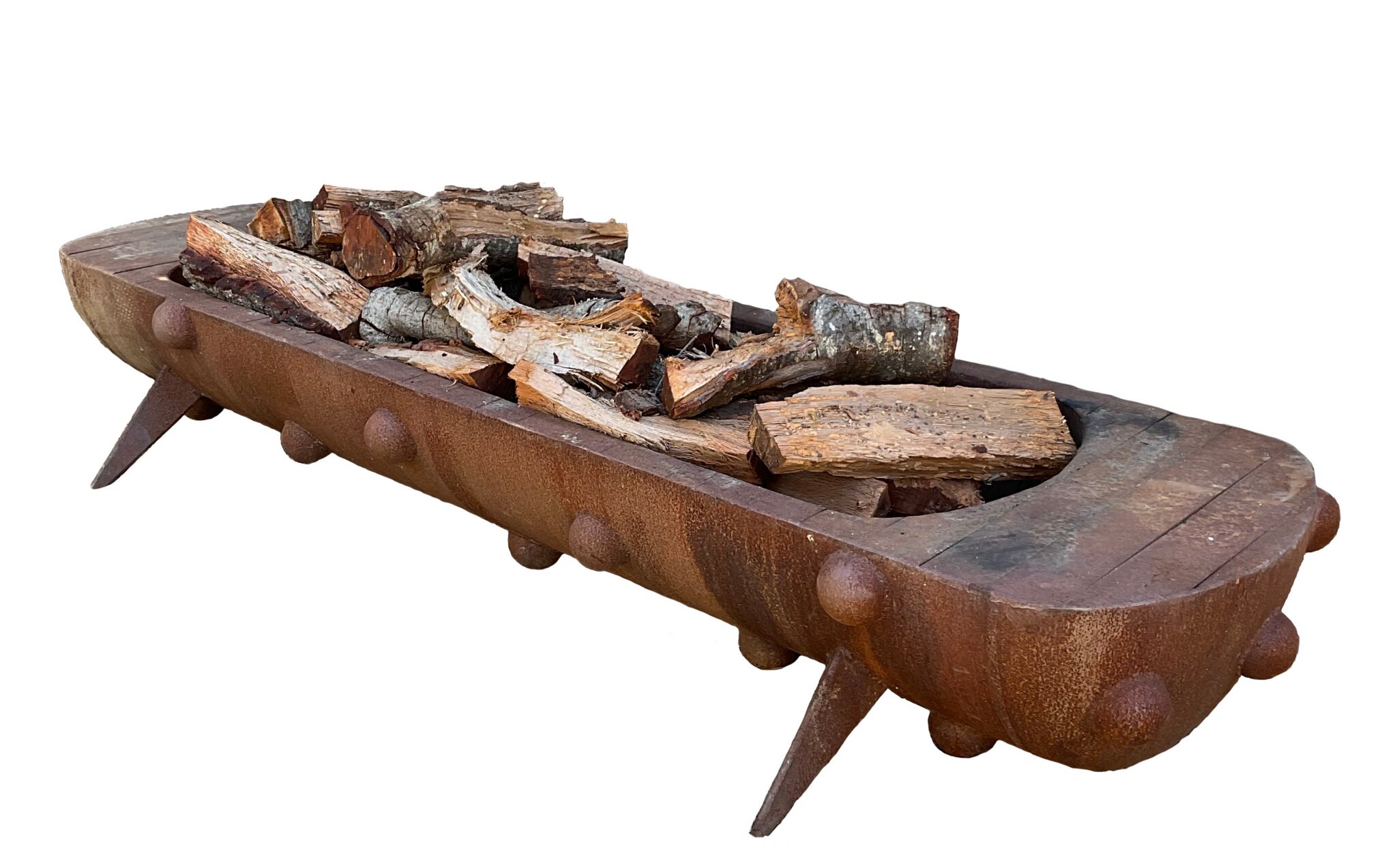 Long boat-shaped up-cycled metal log rack with rounded studded sides and pointed feet, shown holding firewood