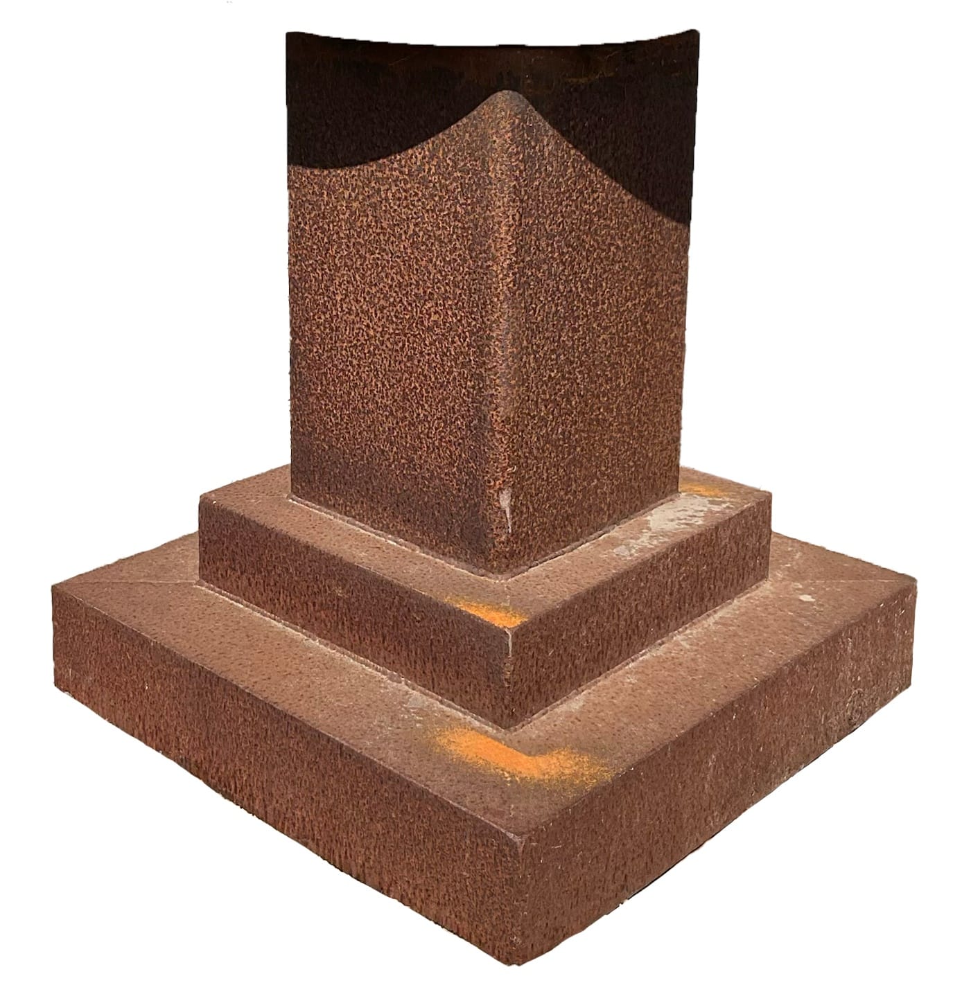 Square tapered rusted steel pedestal on a stepped base, wider at the bottom