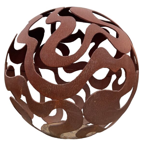 Spherical rusted steel sculpture with intricate cut-out swirl patterns forming an open lattice ball