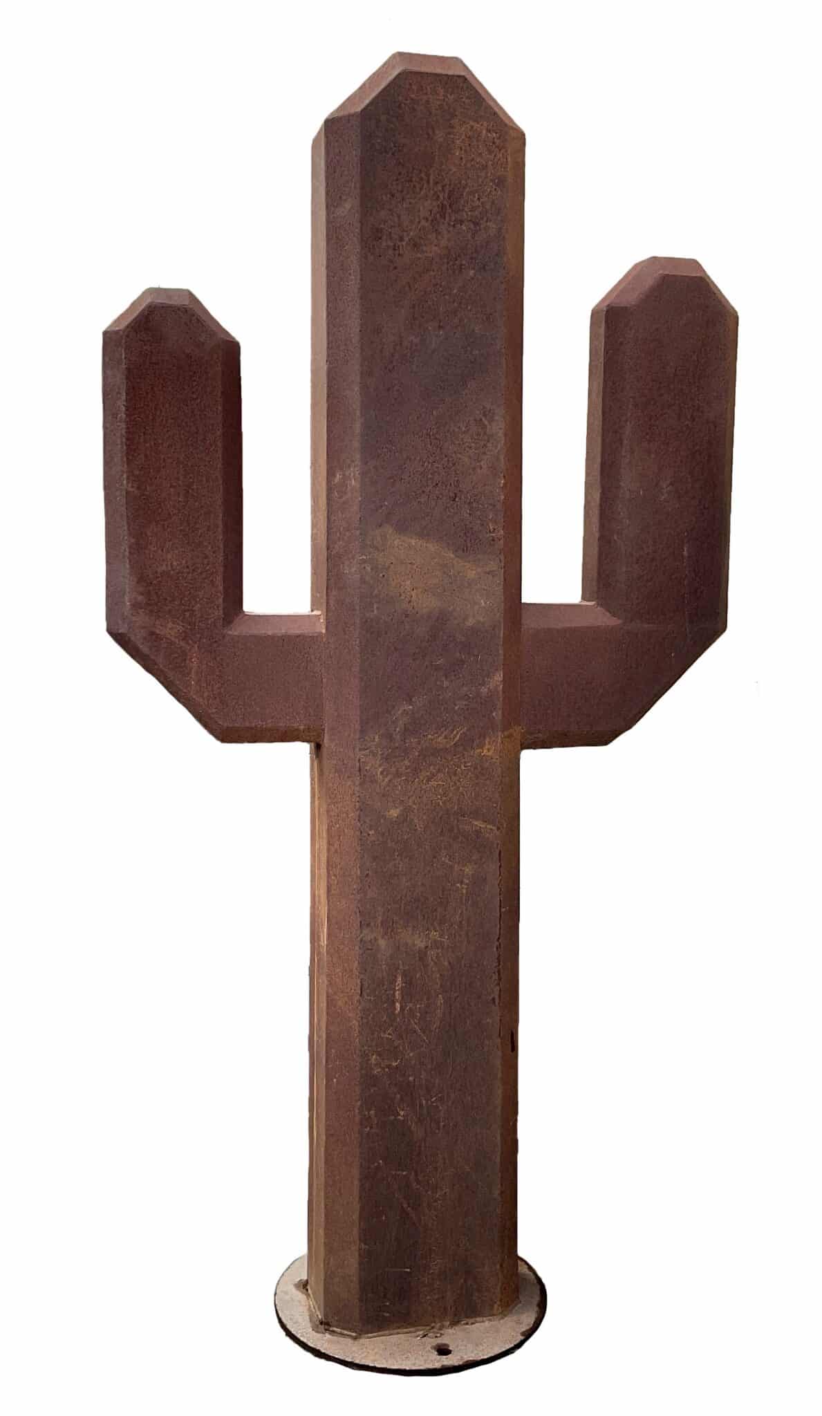 Rusted steel sculpture shaped like a saguaro cactus with a tall central column and two curved side arms, mounted on a round base