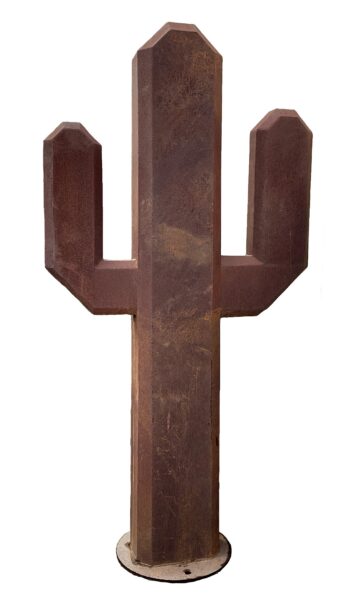 Rusted steel sculpture shaped like a saguaro cactus with a tall central column and two curved side arms, mounted on a round base