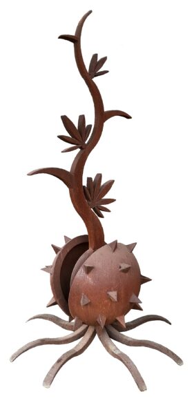 Rusted steel sculpture of a curving stem with spiky leaves rising from a spike-covered pod, set on a splayed root-like base