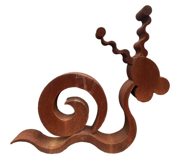 Rusted steel snail sculpture with a spiral shell, wavy body, curled antennae, and cloud-shaped head