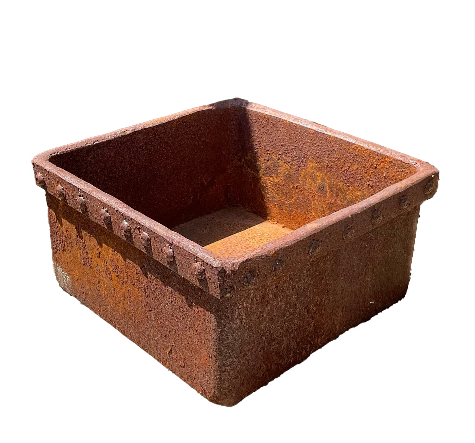 Low square up-cycled metal planter with a riveted rim band and a heavily textured rust finish.